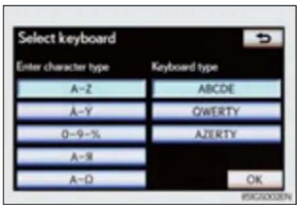 Select keyboard Enter character type Keyboard type A-Z ABCDE A-Y QWERTY 0-9-% AZERTY A-R A-D OK ESG2003EN