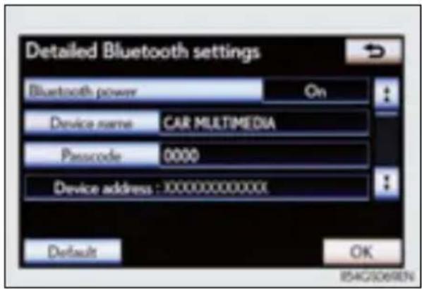 Detailed Bluetooth settings Bluetooth power On Device name CAR MULTIMEDIA Passcode 0000 Device address : 1000000000000 Default OK RS4G2068EN