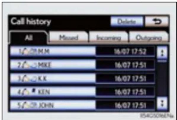 Call history All Missed Incoming Outgoing 1/0/M.M 16/07 17:52 2/MIKE 16/07 17:51 3/K.K 16/07 17:51 4/KEN 16/07 17:51 5/DR.JOHN 16/07 17:51