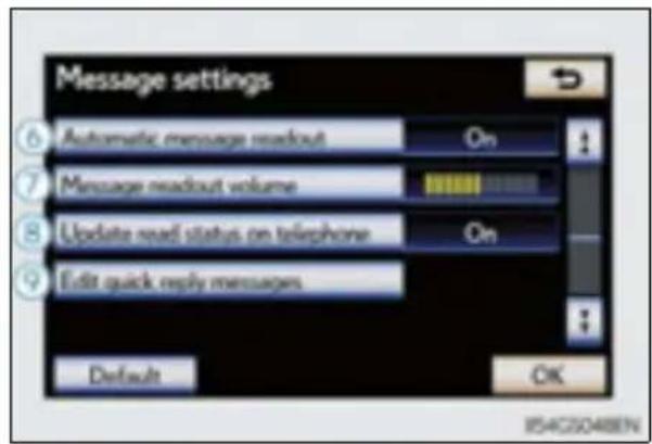 Message settings Automatic message readout On Message readout volume Update read status on telephone On Edit quick reply messages Default OK IS4G2048EN