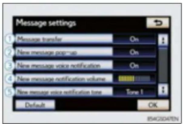 Message settings ① Message transfer On ② New message pop-up On ③ New message voice notification On ④ New message notification volume ⑤ New message voice notification tone Tone 1 Default OK IS4G2047EN