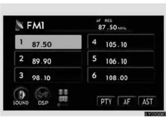 FM1 AF REG 87.50 MHz 1 87.50 4 105.10 2 89.90 5 106.10 3 98.10 6 108.00 SOUND DSP PTY AF AST