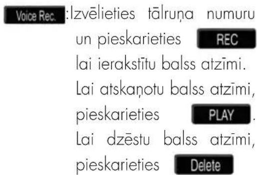 Voice Rec. :Izvēlieties tālruņa numuru un pieskarieties REC lai ierakstītu balss atzīmi. Lai atskaņotu balss atzīmi, pieskarieties PLAY Lai dzēstu balss atzīmi, pieskarieties Delete