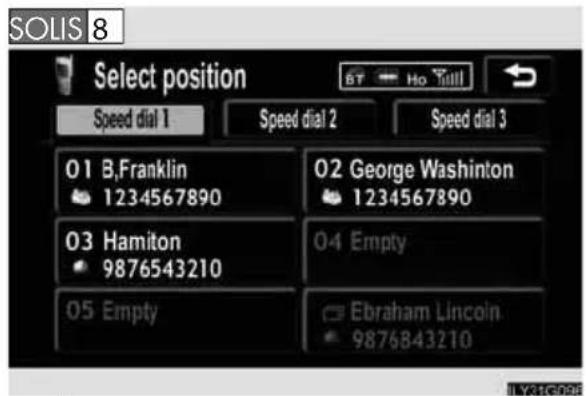 SOLIS 8 Select position BT Ho Turnl Speed dial 1 Speed dial 2 Speed dial 3 01 B,Franklin 1234567890 02 George Washinton 1234567890 03 Hamiton 9876543210 04 Empty 05 Empty Ebrahim Lincoln 9876843210