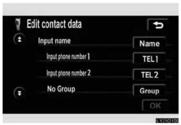 Edit contact data Input name Name Input phone number 1 TEL 1 Input phone number 2 TEL 2 No Group Group OK