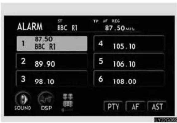 ALARM ST BBC R1 TP AF REG 87.50 MHz 1 87.50 BBC R1 4 105.10 2 89.90 5 106.10 3 98.10 6 108.00 SOUND DSP PTY AF AST