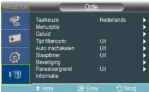 PROJECTION Optie Taalkeuze : Nederlands Menuoptie Geluid Tijd filtercontr. : Uit Auto inschakelen : Uit Slaaptimer : Uit Beveiliging Paneelvergrend. : Uit Informatie Verpi Enter Terug
