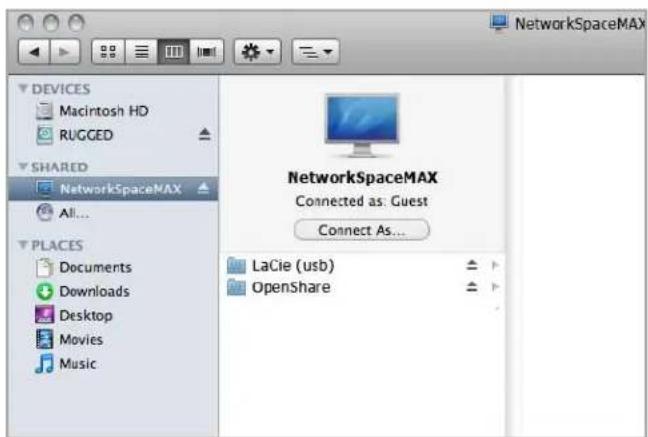 NetworkSpaceMAX DEVICES Macintosh HD RUGGED SHARED NetworkSpaceMAX All... PLACES Documents Downloads Desktop Movies Music NetworkSpaceMAX Connected as: Guest Connect As... LaCie (usb) OpenShare