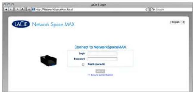 IACIE | Login http://NetworkSpaceMax.local LACIE Network Space MAX Connect to NetworkSpaceMAX Login Password Resti connecti Browse authentication