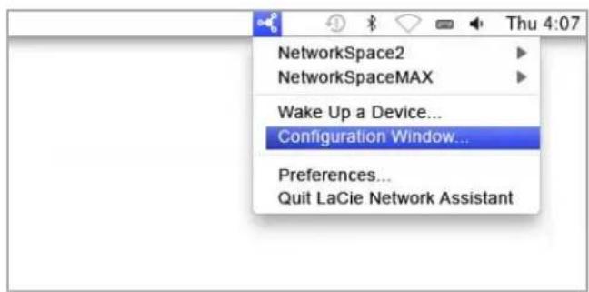 NetworkSpace2 NetworkSpaceMAX Wake Up a Device... Configuration Window... Preferences... Quit LaCie Network Assistant