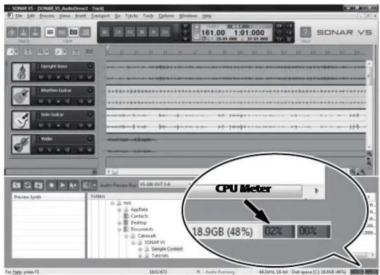 SONAR VS - SONAR VS AudioDemo - Track File Edit Process View Insert Transport Go Tracks Tools Options Windows Help 161.00 1:01:000 25.01.000 37.01.000 SONAR VS Upright Bass Rhythm Guitar Side Guitar Vollin Audio Preview Bus vs-100 OUT 5.4 Folters test AppData Contacts Desktop Documents Cathwork SONAR VS Sample Content Tutorials CPU Meter 18.9GB (48%) 02% 00% For help press F1 18d2e72 N Audio Running 44.1kHz, 16-bit Disk space [C:\18.9GB (48%)