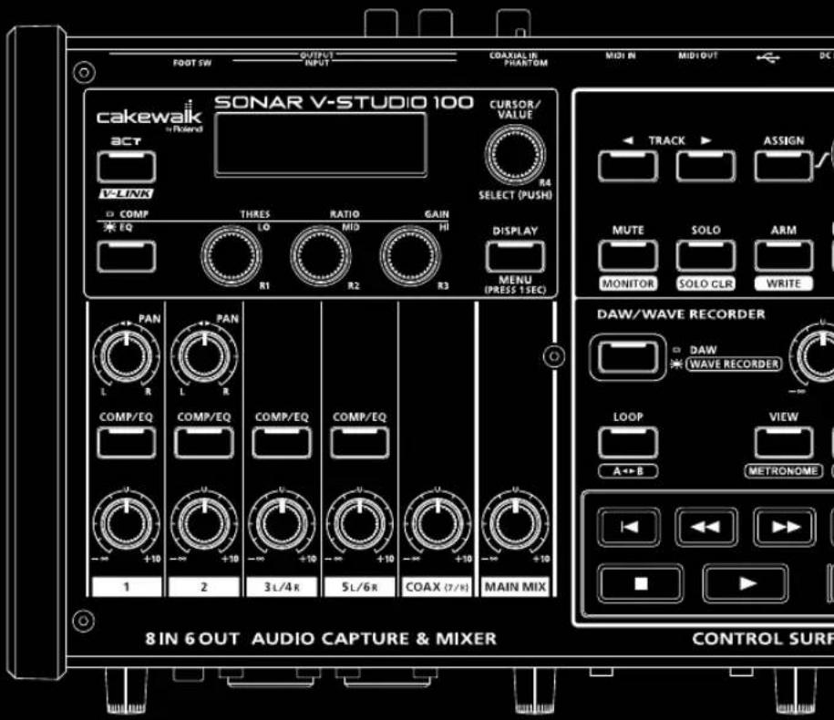 FOOT SW OUTPUT INPUT COAXIAL IN PHANTOM MIDI IN MIDI OUT DC SONAR V-STUDIO 100 CUCSOR/ VALUE ACT V-LINK COMP THRES RATIO GAIN R4 SELECT (PUSH) COM EQ LO MID HI DISPLAY MENU (PRESS 1 SEC) TRACK ASSIGN MUTE SOLO ARM MONITOR SOLO-CLR WRITE PAN PAN COMP/EQ COMP/EQ COMP/EQ COMP/EQ 1 2 3 L/4 R 5 L/6 R COAX (7/R) MAIN MIX DAW/WAVE RECORDER DAW WAVE RECORDER LOOP VIEW A↔B METRONOME 8 IN 6 OUT AUDIO CAPTURE & MIXER CONTROL SURF
