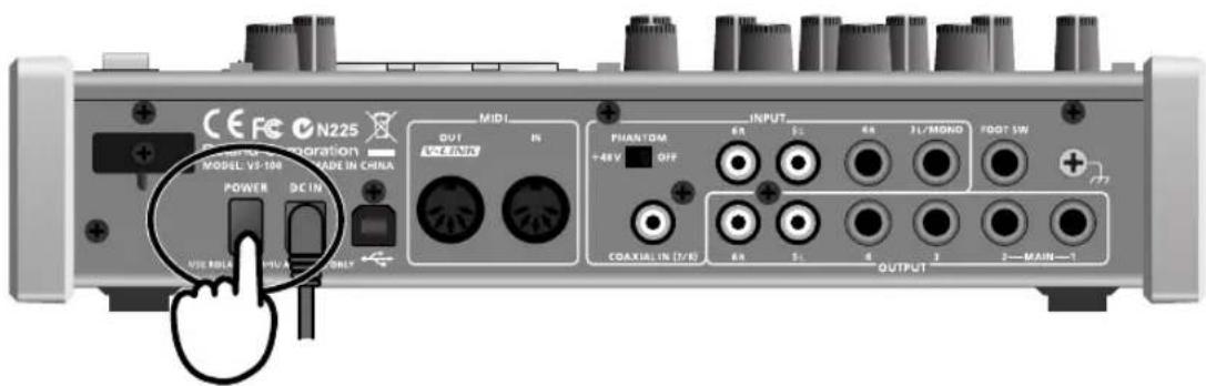 CE FC N225 MODEL V5-104 MODE IN CHINA POWER DC IN MIDI OUT IN WEINT PHANTOM +48V OFF COAXIAL IN (7/8) 6A 5A 4 3 2—MAIN—1 INPUT 2L/MONO FOOT SW