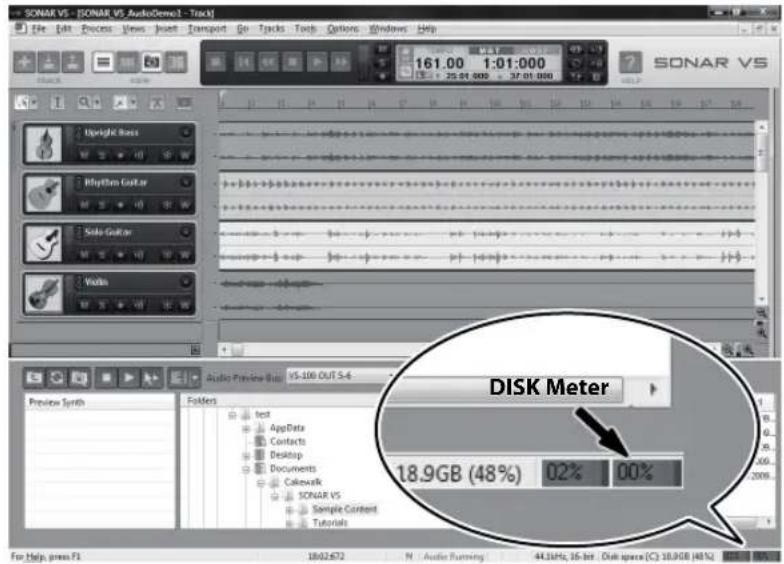 SONAR VS - SONAR VS AudioDemo1 - Track File Edit Process Views Insert Transport Go Tracks Tools Options Windows Help 161.00 1:01:000 SONAR VS Digital Base Rhythm Guitar Solo Guitar Audio Audio Preview Blue VS-100 OUT 3-4 DISK Meter 18.9GB (48%) 02% 00% For help, press F1 1802.672 N Audio Running 44.1MHz, 16-bit Disk space(C): 10.9GB (48%)
