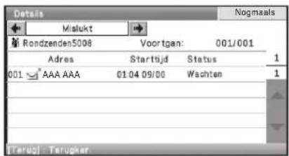 Details Miskutt Nogmaals Rondzenden5008 Voortgan: 001/001 Adres Startijd Status 1 001 AAA AAA 01.04.09/00 Wachten 1 [Terug] - Terugker.