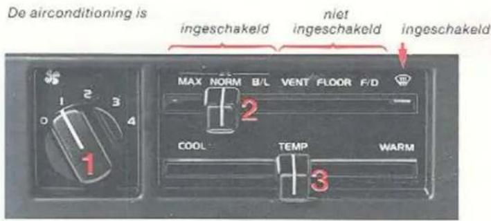De airconditioning is ingeschakeld niet ingeschakeld ingeschakeld MAX NORM B/L VENT FLOOR F/D COOL TEMP WARM