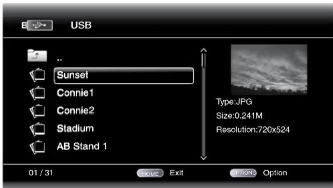 USB .. Sunset Connie1 Connie2 Stadium AB Stand 1 01 / 31 Type: JPG Size: 0.241M Resolution: 720x524 HOME Exit OPTIONS Option