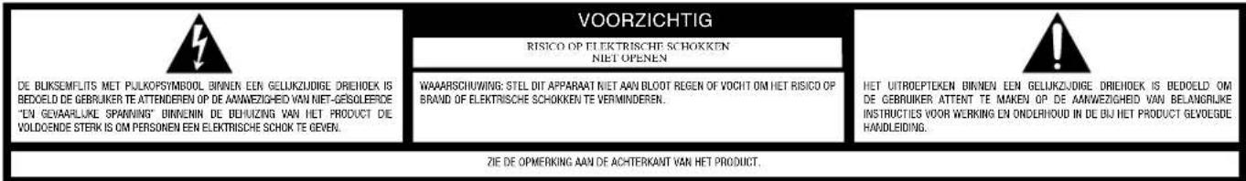 DE BLIKSEMFLITS MET PULKOPSYMBOL BINNEN EEN GELUKZUDIGE DRIEHOEK IS BEDOELOD DE GEBRIJKER TE ATTENDEREN OP DE AANWEZIGHED VAN NIET-GEISOLEERDE "EN GEVAARLUKE SPANWING" BINNENIN DE BDUZING VAN HET PRODUCT DIE VOLDOENDE STERIK IS OM PERSONEN EEN ELEKTRISCHE SCHOK TE GEVEN. VOORZICHTIG RISICO OP ELEKTRISCHE SCHOKKEN NIET OPENEN WAAARSCIUWING: STEL DIT APPARAAT NIET AAN BLOOT REGEN OF VOCHT OM HET RISICO OP BRAND OF ELEKTRISCHE SCHOKEN TE VERMINDEREN. HET UITROEPTEXEN BINNEN EEN GELUKZUDIGE DRIEHOEK IS BEDOELOD OM DE GEBRIJKER ATTENT TE MAKEN OP DE AANWEZIGHED VAN BELANGRIJKE INSTRUCTIES VOOR WERKING EN ONDERHOUD IN DE BIJ HET PRODUCT GEVOLGDE HANDLEIDING. ZIE DE OPMERKING AAN DE ACHTERKAANT VAN HET PRODUCT.