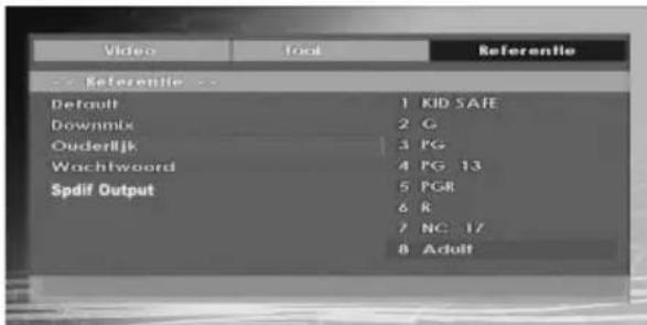 Video Tool Referentie Referentie Default 1 KID SAFE Downmix 2 G Ouderlijk 3 PG Wachtword 4 PG 13 Spdif Output 5 PGR 6 R 7 NC 17 8 Adult