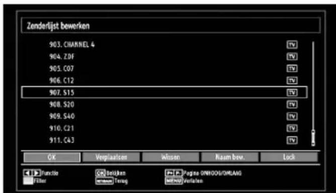 Zenderlijst bewerken 903. CHANNEL 4 904. ZDF 905. C07 906. C12 907. S15 908. S20 909. S40 910. C21 911. C43 OK Verplaatsen Wissen Raam bew. Lock Functie Celijken Pages OMHOOS/OMLANG Filter Terug Verlaaten