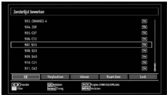 Zenderlijst bewerken 903.CHANNEL 4 904.ZDF 905.C07 906.C12 907.S15 908.S20 909.S40 910.C21 911.C43 OK Verplaatsen Wissen Naarm bew... Lock Functie Reliazen Papino OMRKOG/OMLAAS Filter ###Tereg MEN Verlaaten