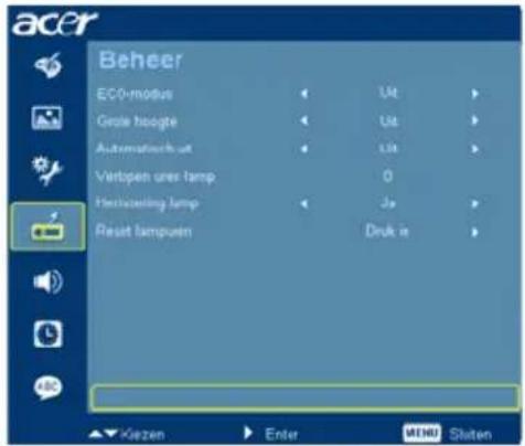 acer Beheer ECO-modus Grote hoogte Automatisch uit Verbopen ones lamp Hertsteuerung lamp Reset lampwen Uit Uit Uit 0 Jw Druk in Kiezen Enter MENU Shiten