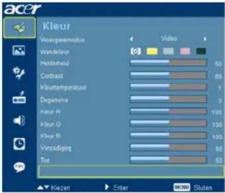 acer Kleur Voergewendusut Windsteuer Helderheid Contrast Mleudtemperatuur Degamma Kleur H Kleur G Klue B Verzadiging Tet Video 50 60 1 3 100 100 100 50 50 Kiizen Enter MINI Sluten