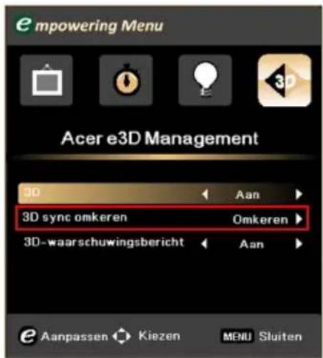 empowering Menu Acer e3D Management 3D Aan 3D sync omkeren Omkeren 3D-waarschuwingsbericht Aan e Aanpassen Kiezen MENU Sluiten