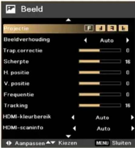 Beeld Projectie Auto Trap.correctie 0 Scherpte 16 H. positie 0 V. positie 0 Frequentie 0 Tracking 16 HDMI-kleurbereik Auto HDMI-scaninfo Auto Aanpassen Kiezen MENU Sluiten