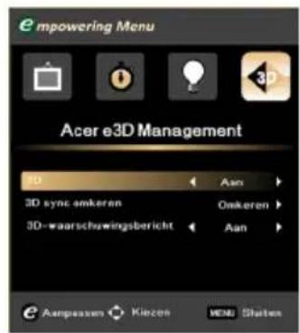 empowering Menu Acer e3D Management 3D 3D sync smkeren 3D-waarschwingsbericht Aan Omkeren Aan Aanspassen Kiezen MENU Status