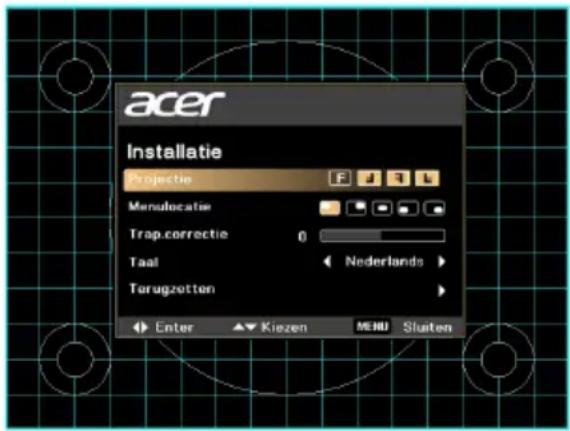 acer Installatie Projectie Menulocatie Trap.correctie 0 Taal Nederlands Terugzetten Enter Kiezen MENU Sluiten