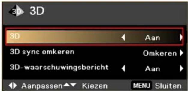 3D 3D Aan 3D sync omkeren Omkeren 3D-waarschuwingsbericht Aan Aanpassen▼ Kiezen MENU Sluiten