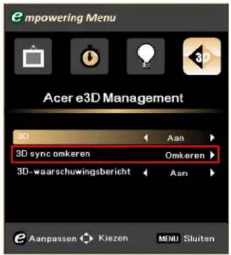 empowering Menu Acer e3D Management 3D Aan 3D sync omkeren Omkeren 3D-waarschuwingsbericht Aan Aanpassen Kiezen MENU Sluiten