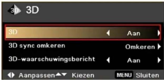 3D 3D Aan 3D sync omkeren Omkeren 3D-waarschuwingsbericht Aan Aanpassen Kiezen MENU Sluiten