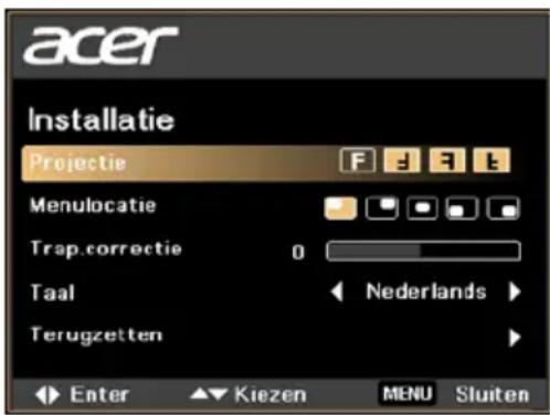 acer Installatie Projectie Menulocatie Trap.correctie 0 Taal Terugzetten Enter Kiezen MENU Sluiten