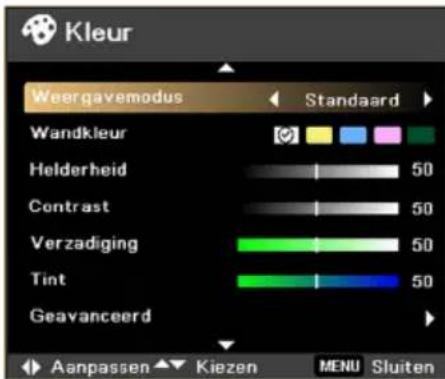 Kleur Weergavemodus Standaard Wandkleur Helderheid Contrast Verzadiging Tint Geavanceerd Aanpassen Kiezen MENU Sluiten