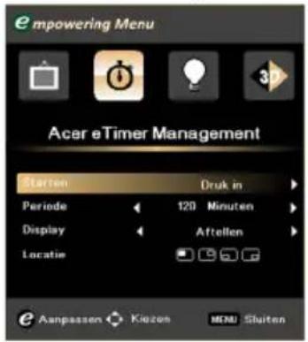 empowering Menu Acer eTimer Management Starten Druk in Periode 120 Minuten Display Aftellen Locatie Aanpassen Kiezen Mali Sluiten