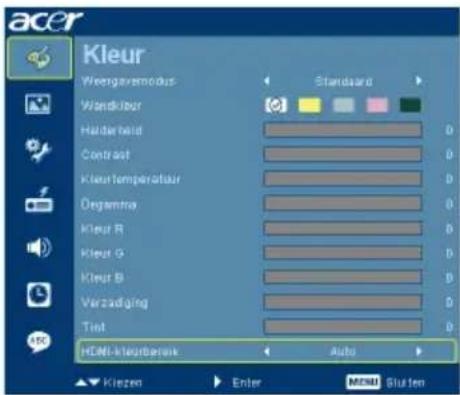acer Kleur Wrengavermodus Standard Wendkiter Haldenheid Contrast Kleur temperature Degamma Kleur R Kleur G Kleur B Verzadiging Tint HDMI-klugbarink Auto ▲ Kleezen Enter MEMM Sluten