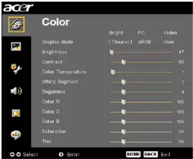 acer Color Display Mode Brightness Contrast Color Temperature White Segment Degamma Color R Color G Color B Saturation Tin1 Bright [Theater] PC sRGB Video User 47 50 1 2 4 100 100 100 55 50 Select Enter MENU BACK Exit