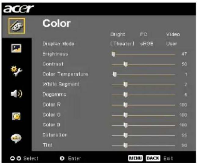 acer Color Display Mode Brightness Contrast Color Temperature White Segment Degamma Color R Color G Color B Saturation Tint Bright [Theater] PC sRGB Video User 47 50 1 2 4 100 100 100 55 50 Select Enter MENU BACK Exit