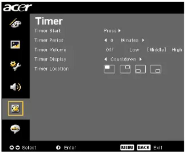 acer Timer Timer Start Press > Timer Period 0 Minutes > Timer Volume Off Low [ Middle] High Timer Display Countdown > Timer Location Select Enter MENUBACK Exit