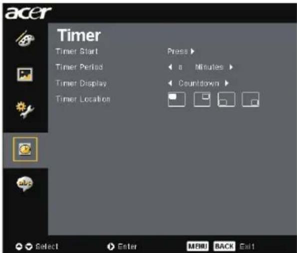 acer Timer Timer Start Press ▶ Timer Period 0 Minutes ▶ Timer Display Countdown ▶ Timer Location Select Enter MENUBACK Exit1