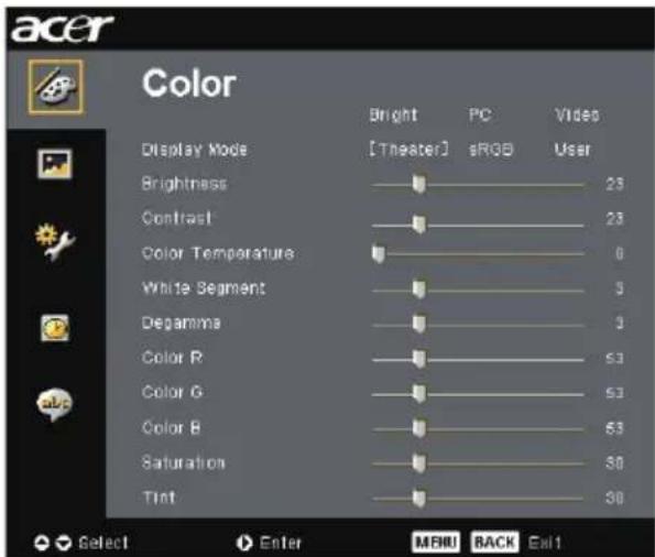 acer Color Display Mode Brightness Contrast Color Temperature White Segment Degamma Color R Color G Color B Saturation Tint Bright [Theater] PC sRGB Video User 23 23 0 3 3 53 53 53 50 30 Select Enter MENU BACK Exit1