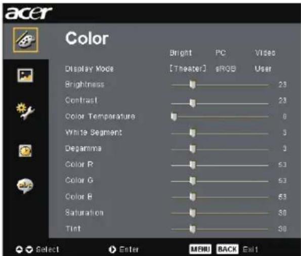 acer Color Display Mode Brightness Contrast Color Temperature White Segment Degamma Color R Color G Color B Saturation Tint Bright [Theater] PC sRGB Video User 23 23 0 3 3 53 53 53 50 30 Select Enter MENU BACK Exit 1