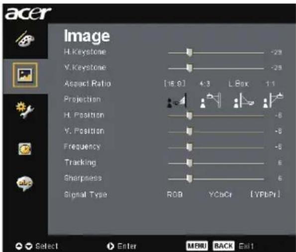 acer Image H. Keystone -29 V. Keystone -29 Aspect Ratio [16.9] 4:3 LBox 1:1 Projection H. Position -8 V. Position -8 Frequency -8 Tracking 6 Sharpness 6 Signal Type RGB YCbCr [YPbPr] Select Enter MENUBACK Exit1