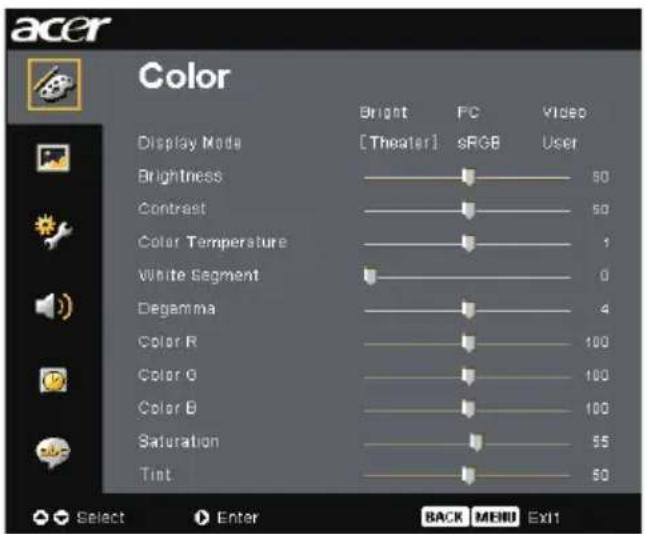 acer Color Display Mode Bright [Theater] PC sRGB Video User Brightness 50 Contrast 50 Color Temperature 1 White Segment 0 Degamma 4 Color R 100 Color G 100 Color B 100 Saturation 55 Tint 50 Select Enter BACK MENU Ex11