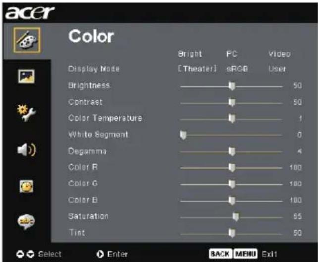 acer Color Display Mode Bright [Theater] PC sRGB Video User Brightness 50 Contrast 50 Color Temperature 1 White Segment 0 Degamma 4 Color R 100 Color G 100 Color B 100 Saturation 55 Tint 50 Select Enter BACK MENU Exit
