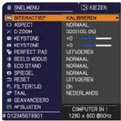 SNELMENU KIEZEN INTERACTIEF KALIBREREN ASPECT D-ZOOM KEYSTONE KEYSTONE PERFECT PAS BEELD MODUS ECO STAND SPIEGEL RESET FILTERTIJD TAAL CEAVANCEERD AFSLUITEN 012345678901 NORMAAL 320(100.0%) +0 +0 UITVOEREN NORMAAL NORMAAL NORMAAL UITVOEREN Oh NEDERLANDS COMPUTER IN 1 1280 x 800 @60Hz
