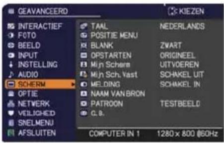 GEAVANCEERD INTERACTIEF FOTO BEELD INPUT INSTEELING AUDIO SOCHERM OPTIE NETWERK VEILICHED SNELMENU AFSLUITEN TAAL POSITIE MENU BLANK OPSTARTEN Mijn Scherm Mijn Sch. Vast MELDING NAAM VANBRON PATROON C.B. NEDERLANDS ZWART ORIGNEEL UITVOEREN SCHAKEL UIT SCHAKEL IN TESTBEELD COMPUTER IN 1 1280 x 800 @60Hz