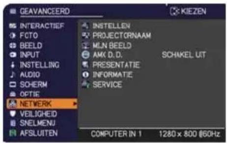 GEAVANCEERD INTERACTIEF FOTO BEELD INPUT INSTALLING AUDIO SOHERM OPTIE NETWORK VEILIGEID SNELMENU AFSLUITEN INSTELEN PROJECTORNAAM MLN BEELD AMX D.D. PRESENTATIE INFORMATIE SERVICE SCHAKEL UIT COMPUTER IN 1 1280 x 800 @60Hz